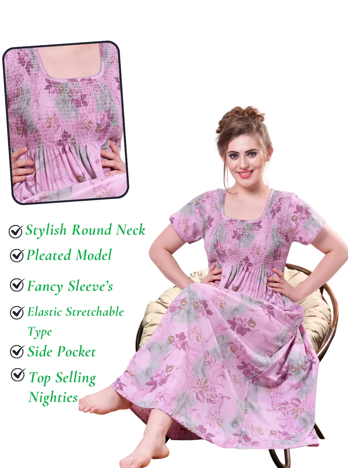 ONLY MINE Premium Smokey Nighty | Stretchable Elastic Type | Beautiful Pleated Model | Side Pocket | Stylish Nighty for Stylish Women's (OM-RAH)