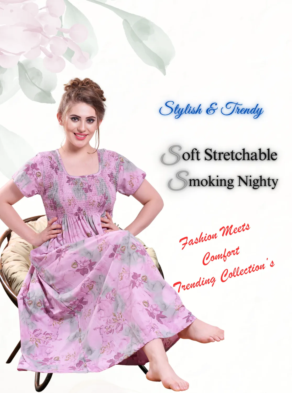 ONLY MINE Premium Smokey Nighty | Stretchable Elastic Type | Beautiful Pleated Model | Side Pocket | Stylish Nighty for Stylish Women's (OM-RAH)