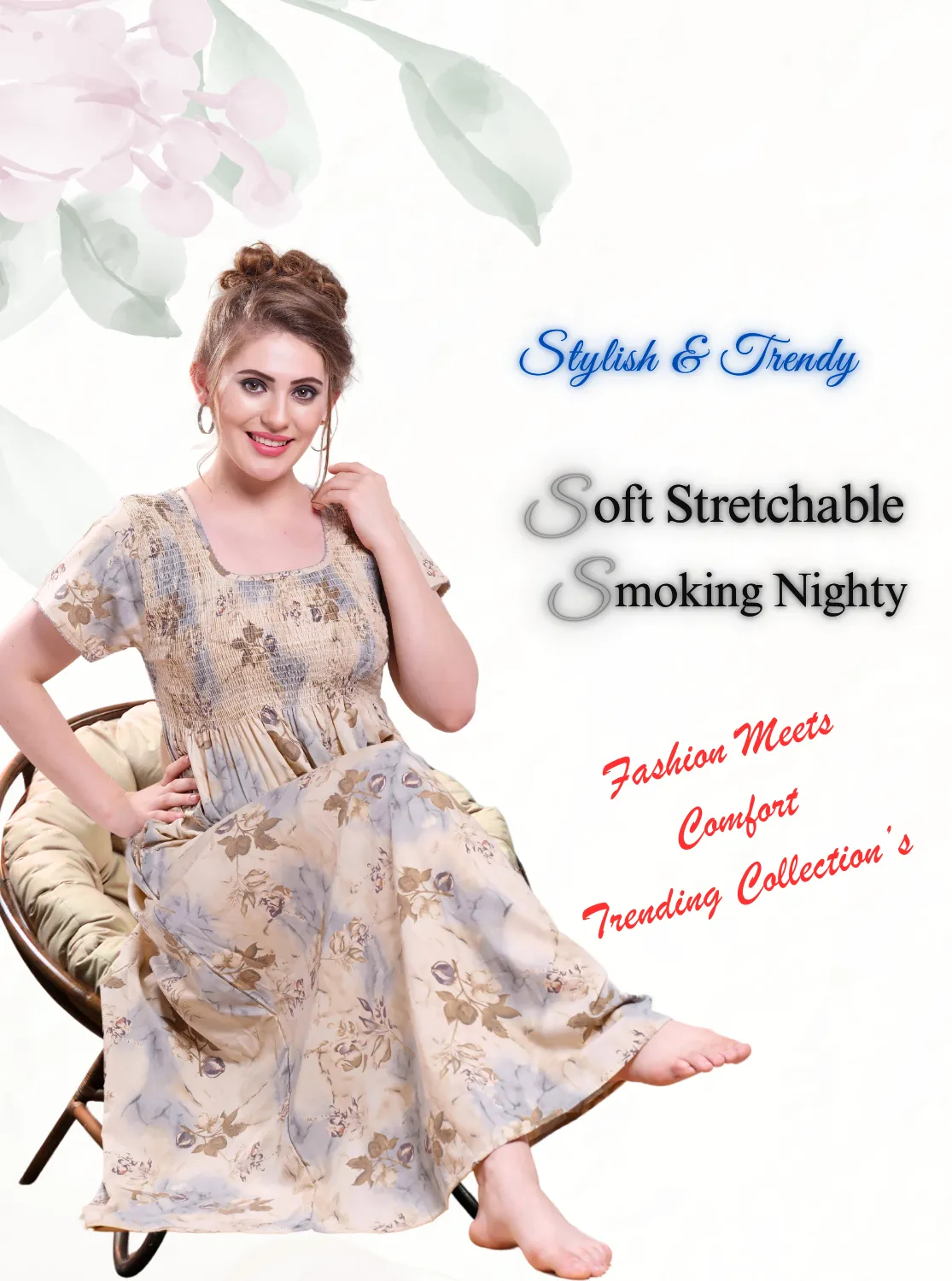 ONLY MINE Premium Smokey Nighty | Stretchable Elastic Type | Beautiful Pleated Model | Side Pocket | Stylish Nighty for Stylish Women's (OM-RAH)