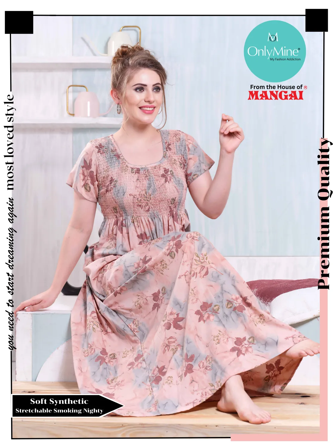 ONLY MINE Premium Smokey Nighty | Stretchable Elastic Type | Beautiful Pleated Model | Side Pocket | Stylish Nighty for Stylish Women's (OM-RAH)