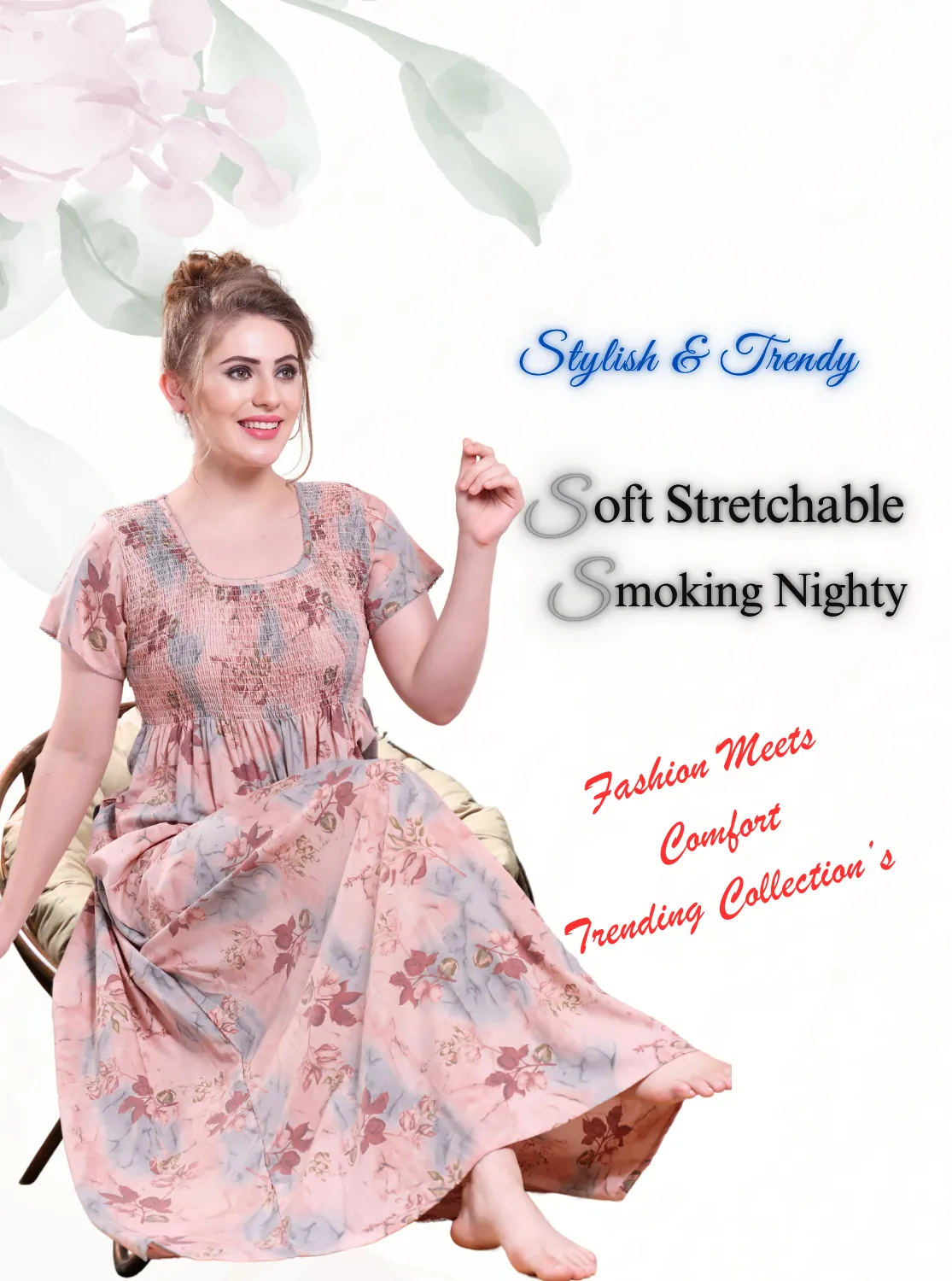 ONLY MINE Premium Smokey Nighty | Stretchable Elastic Type | Beautiful Pleated Model | Side Pocket | Stylish Nighty for Stylish Women's (OM-RAH)