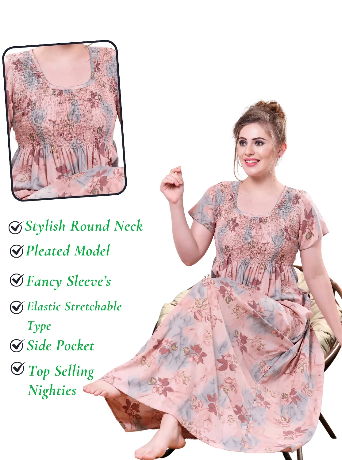 ONLY MINE Premium Smokey Nighty | Stretchable Elastic Type | Beautiful Pleated Model | Side Pocket | Stylish Nighty for Stylish Women's (OM-RAH)