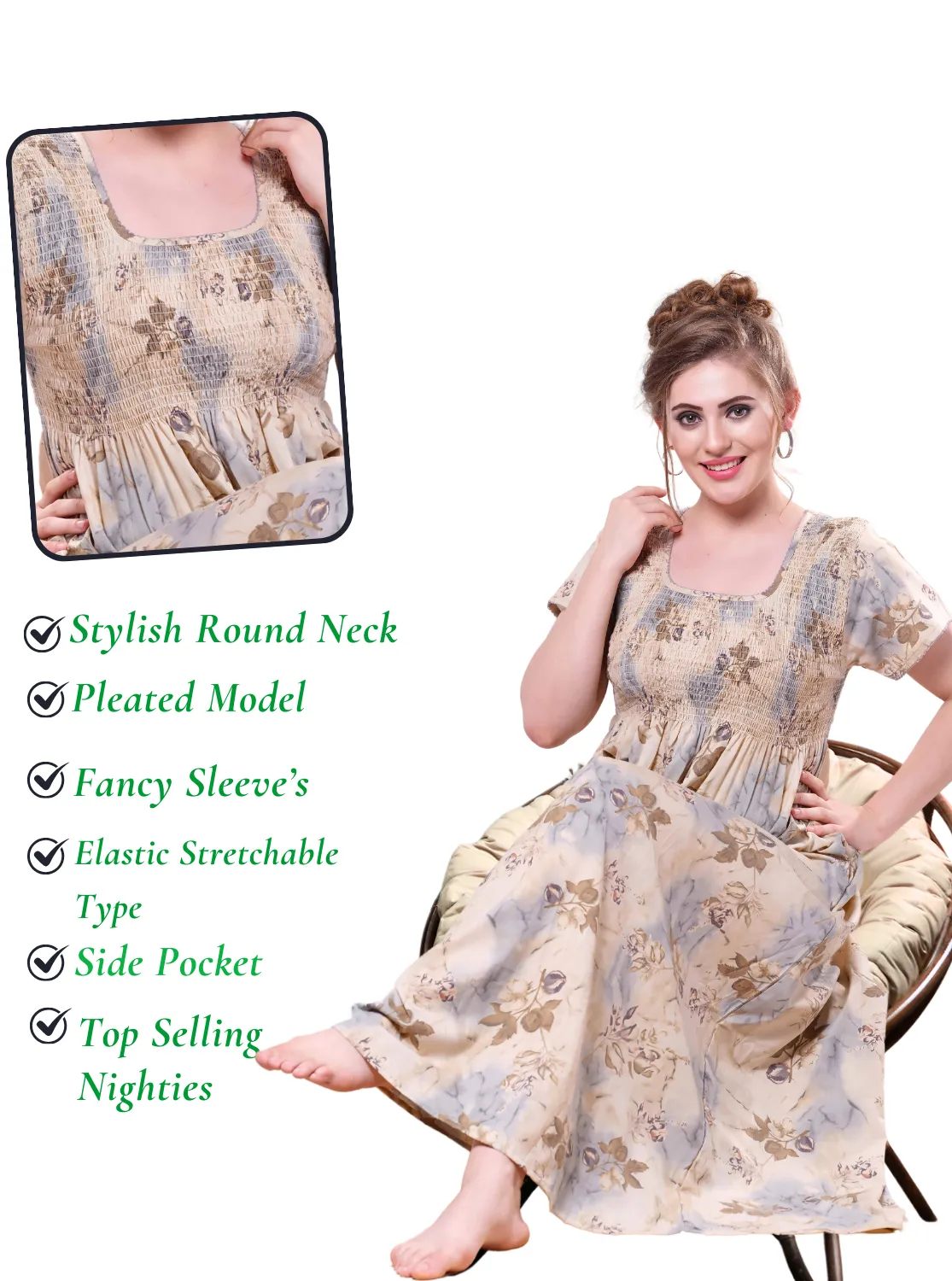 ONLY MINE Premium Smokey Nighty | Stretchable Elastic Type | Beautiful Pleated Model | Side Pocket | Stylish Nighty for Stylish Women's (OM-RAH)