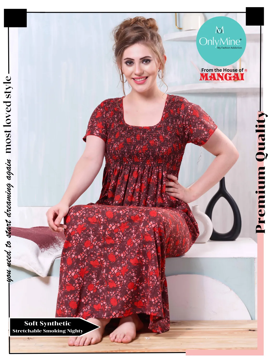 ONLY MINE Premium Smokey Nighty | Stretchable Elastic Type | Beautiful Pleated Model | Side Pocket | Stylish Nighty for Stylish Women's (OM-RAH)