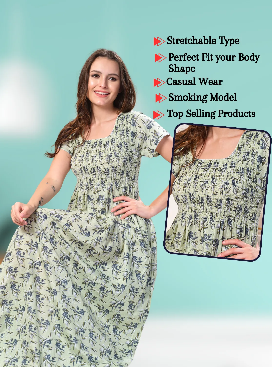 ONLY MINE Premium Smokey Nighty | Stretchable Elastic Type | Beautiful Pleated Model | Side Pocket | Stylish Nighty for Stylish Women's (OM-RAH)
