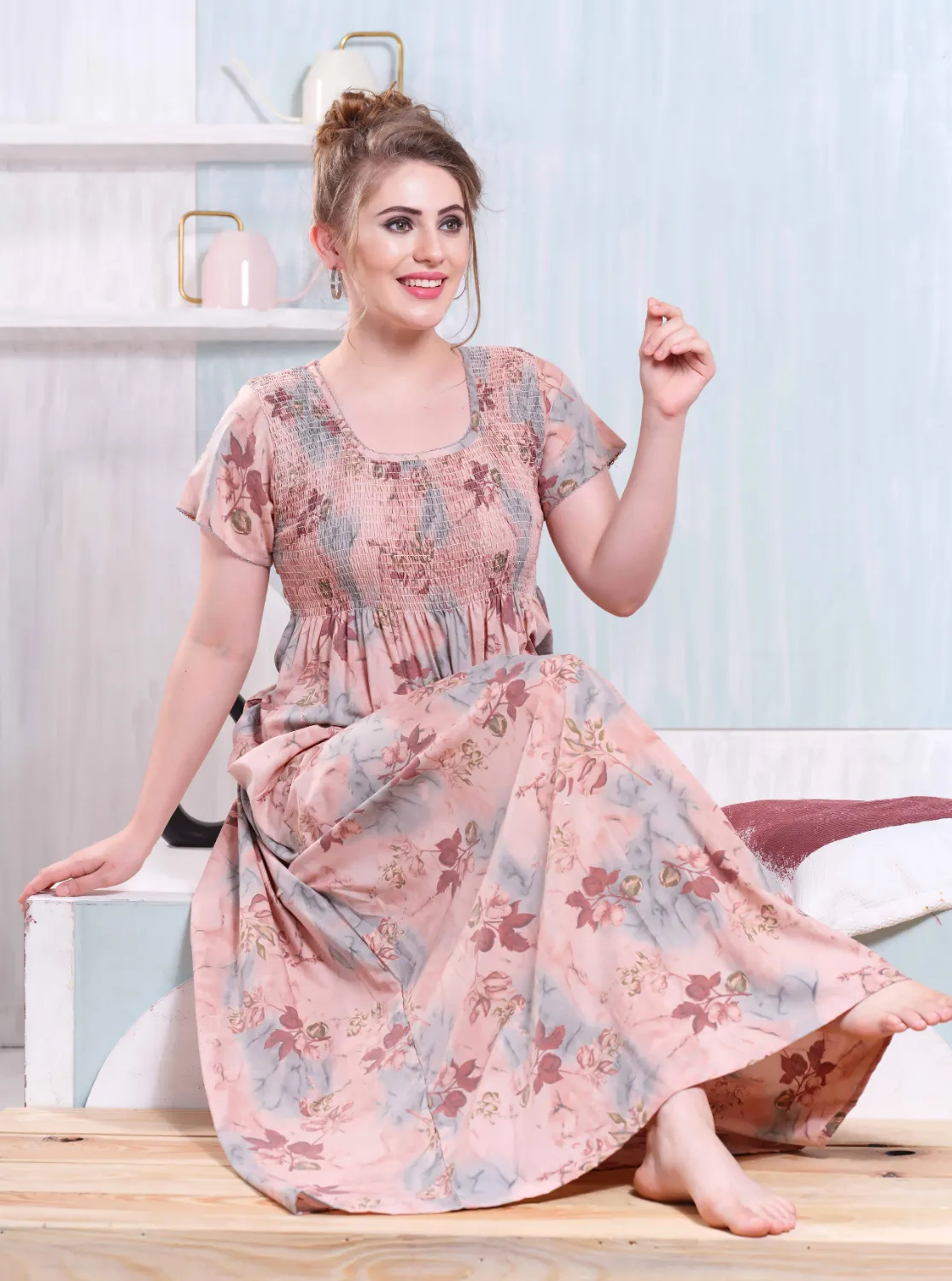 ONLY MINE Premium Smokey Nighty | Stretchable Elastic Type | Beautiful Pleated Model | Side Pocket | Stylish Nighty for Stylish Women's (OM-RAH)