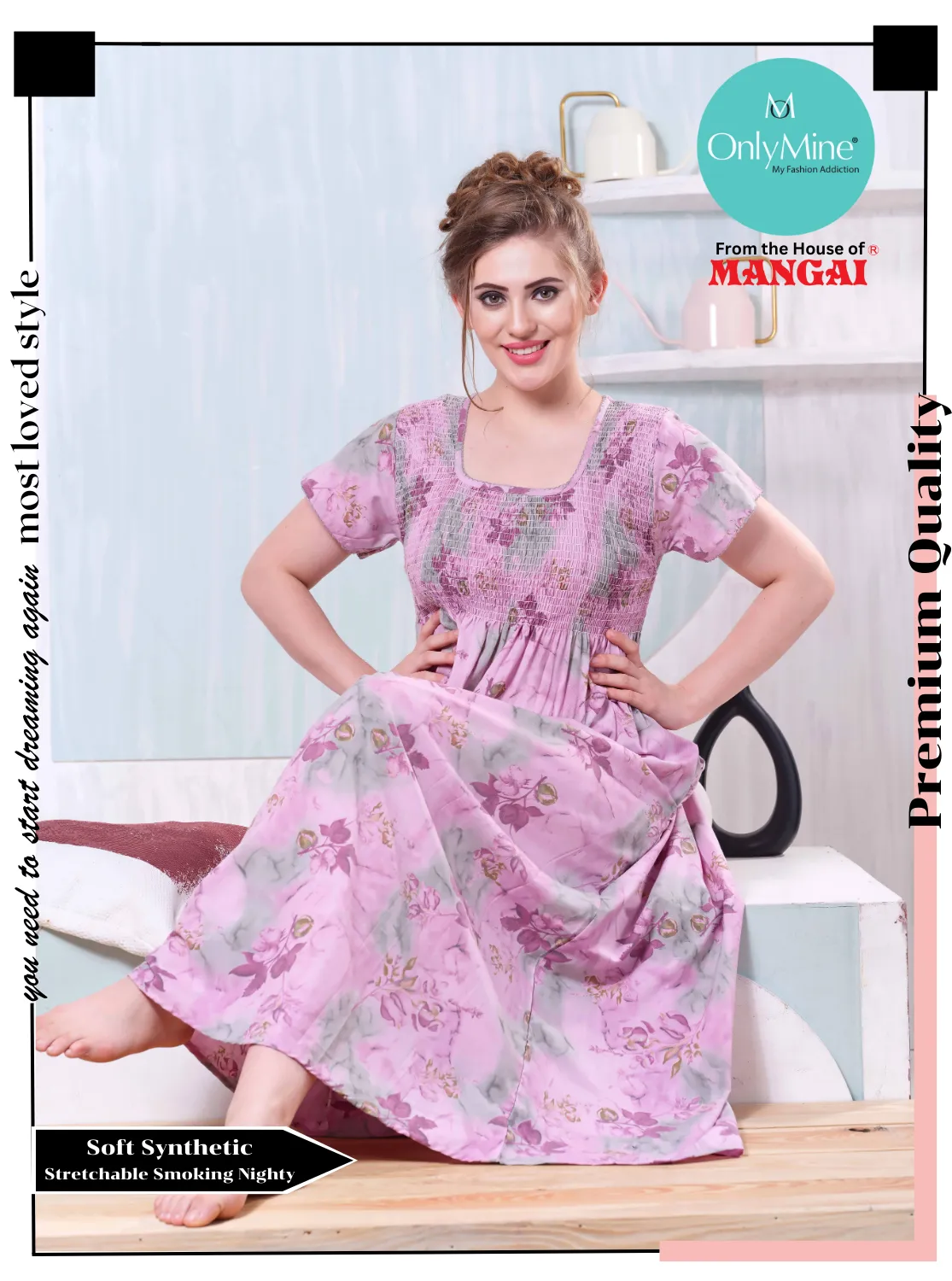 ONLY MINE Premium Smokey Nighty | Stretchable Elastic Type | Beautiful Pleated Model | Side Pocket | Stylish Nighty for Stylish Women's (OM-RAH)