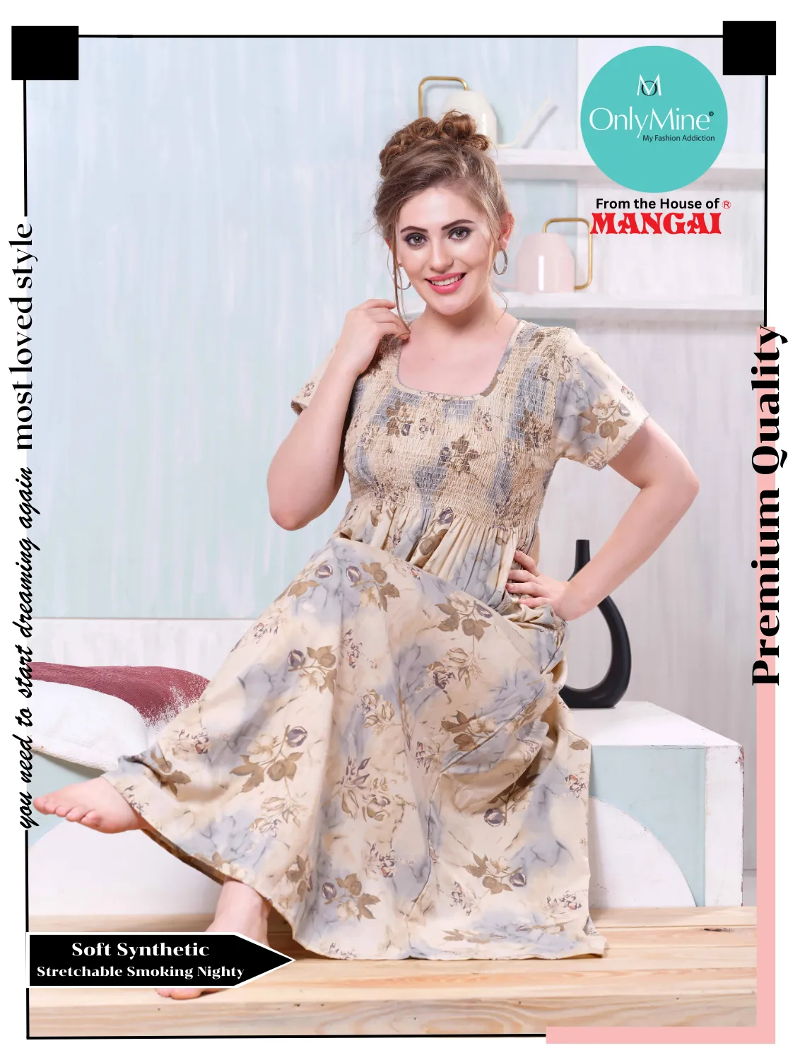 ONLY MINE Premium Smokey Nighty | Stretchable Elastic Type | Beautiful Pleated Model | Side Pocket | Stylish Nighty for Stylish Women's (OM-RAH)