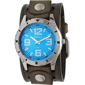 Sporty Racing Blue Watch with Stitched Perforated Distressed Olive Leather Cuff