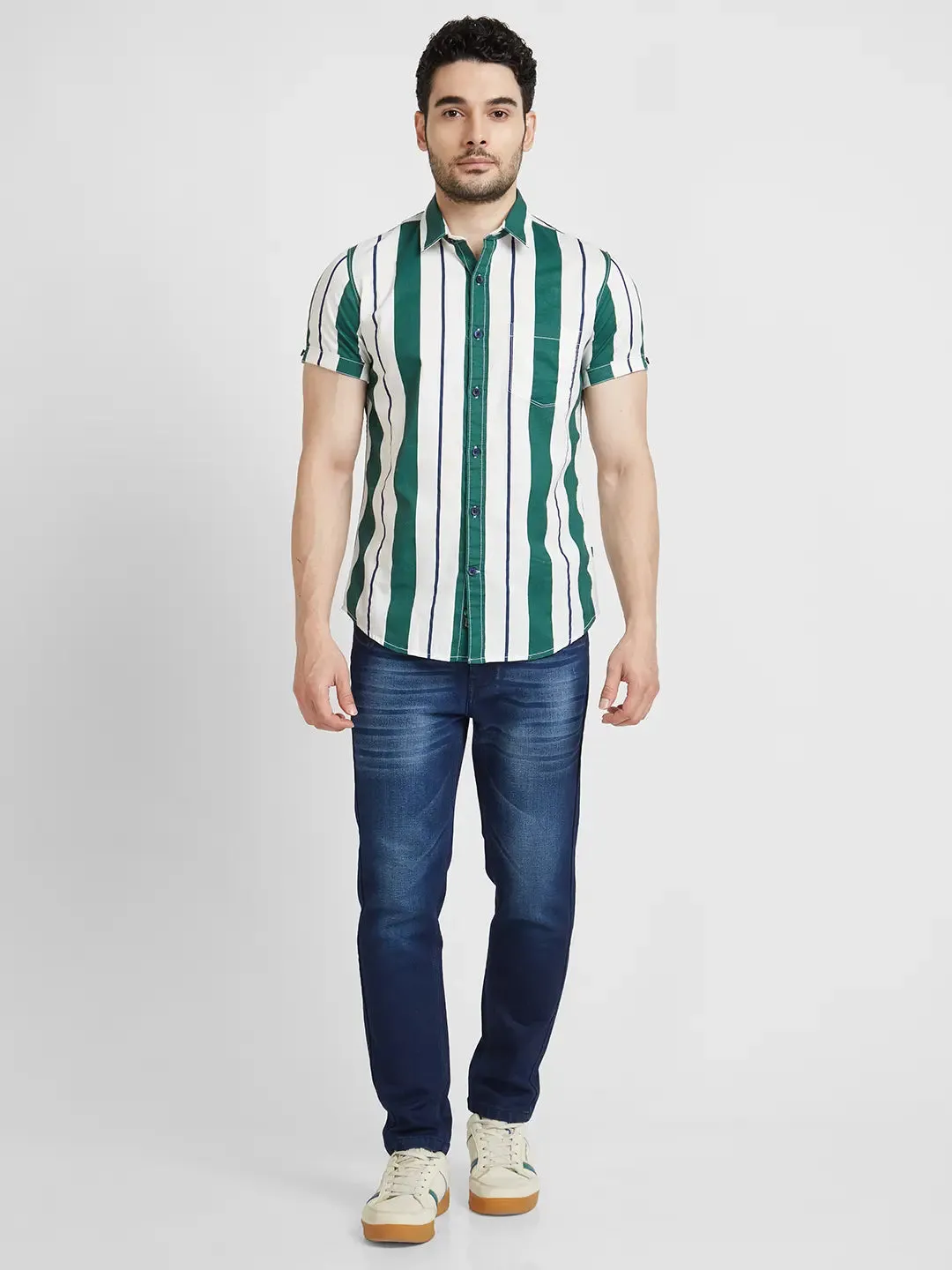 Spykar Men Dark Green Cotton Regular Slim Fit Half Sleeve Striped Shirt