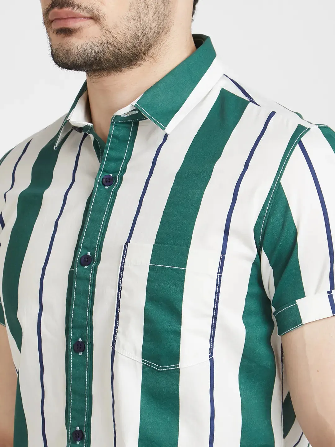 Spykar Men Dark Green Cotton Regular Slim Fit Half Sleeve Striped Shirt