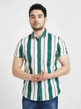 Spykar Men Dark Green Cotton Regular Slim Fit Half Sleeve Striped Shirt