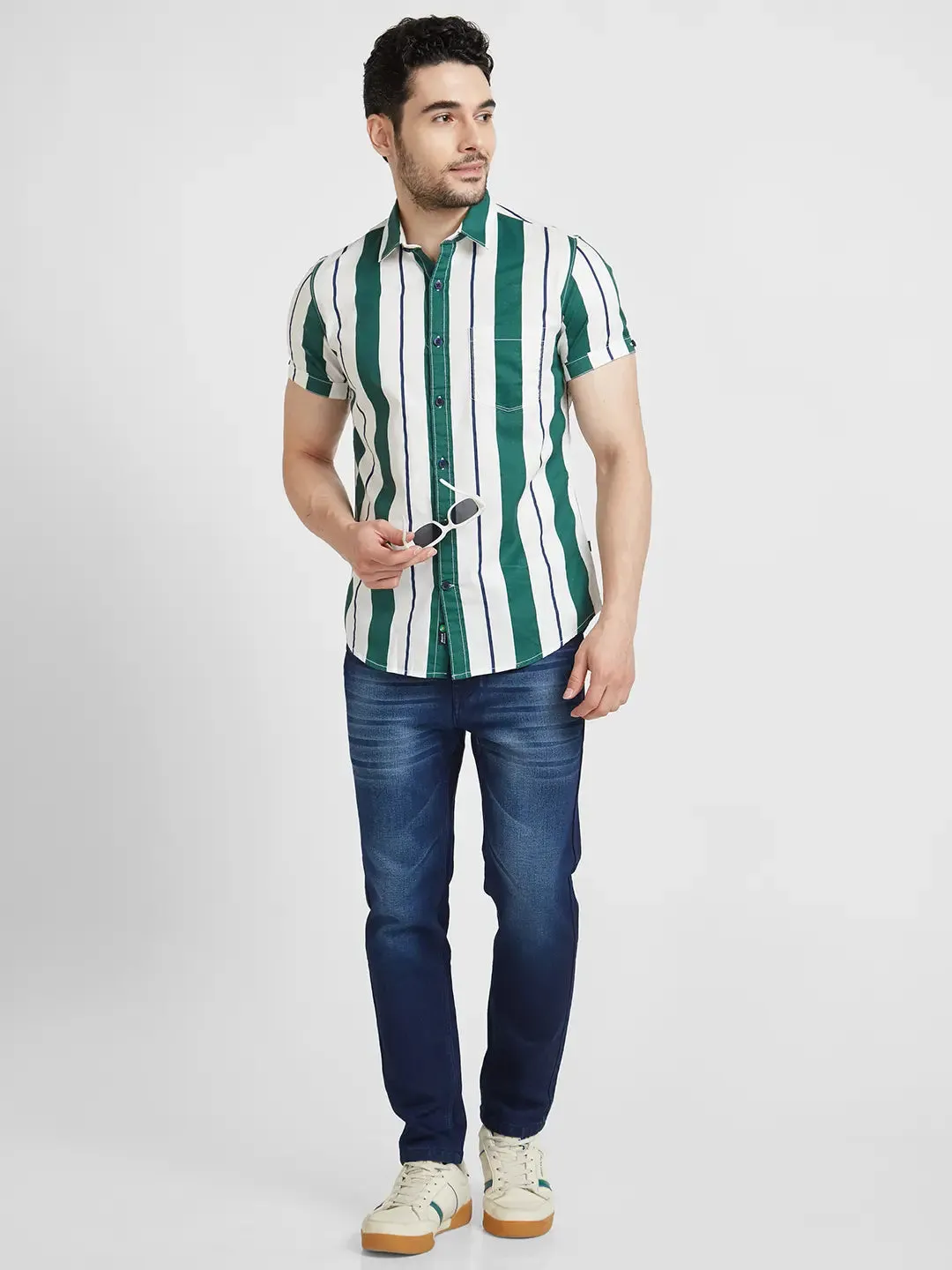 Spykar Men Dark Green Cotton Regular Slim Fit Half Sleeve Striped Shirt