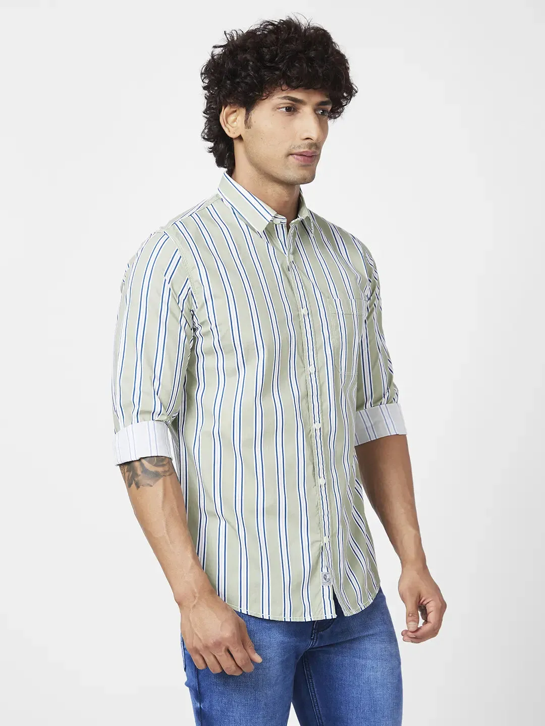 Spykar Men Dusty Green Cotton Regular Slim Fit Full Sleeve Casual Striped Shirt