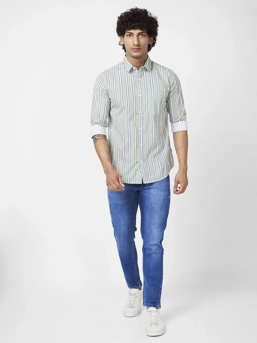 Spykar Men Dusty Green Cotton Regular Slim Fit Full Sleeve Casual Striped Shirt