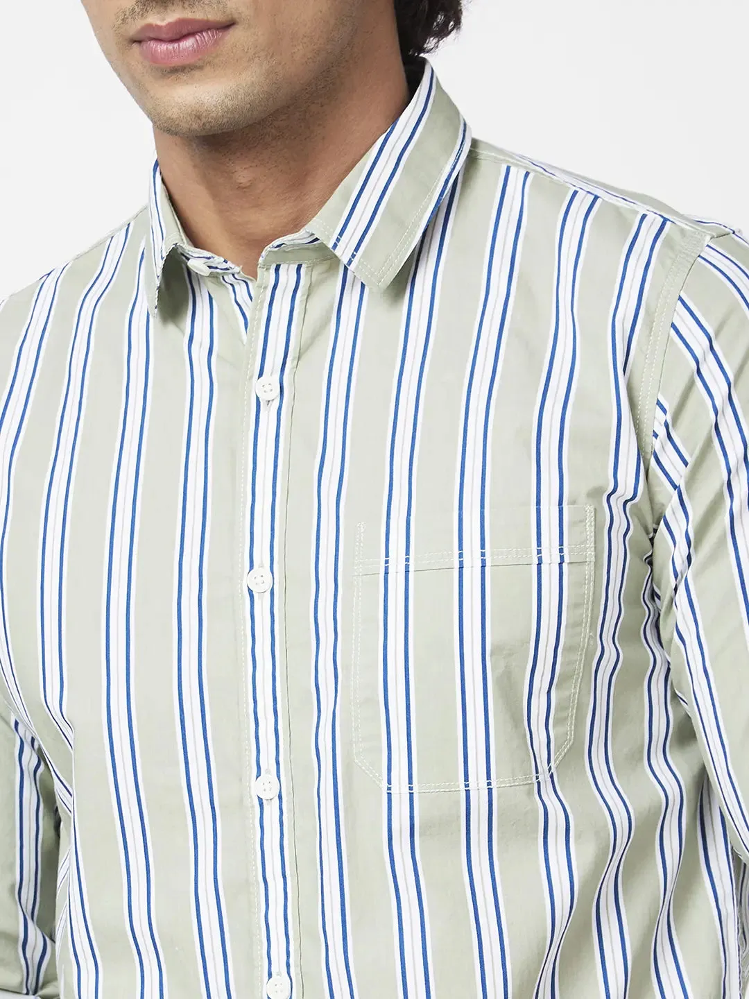 Spykar Men Dusty Green Cotton Regular Slim Fit Full Sleeve Casual Striped Shirt