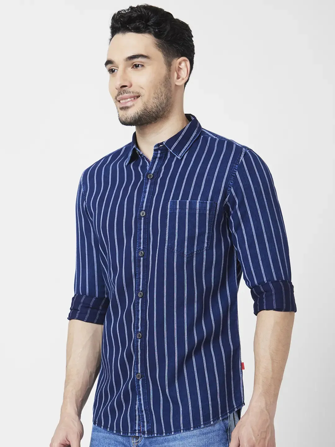 Spykar Men Indigo Blue Cotton Slim Fit Full Sleeve Striped Shirt