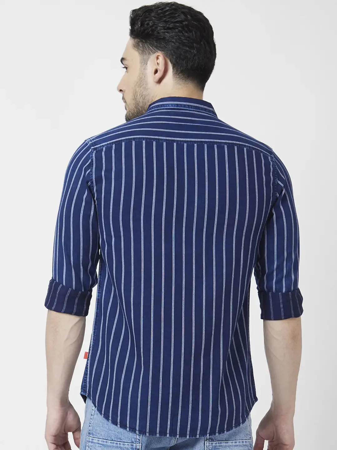 Spykar Men Indigo Blue Cotton Slim Fit Full Sleeve Striped Shirt