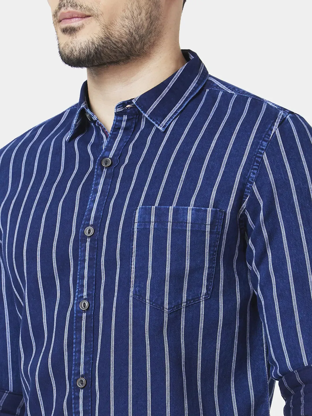 Spykar Men Indigo Blue Cotton Slim Fit Full Sleeve Striped Shirt