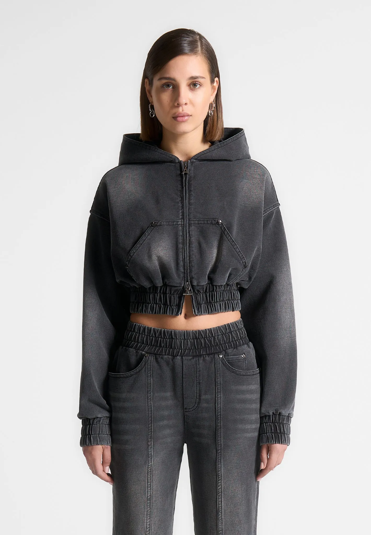 Washed Denim Jersey Hoodie - Washed Black