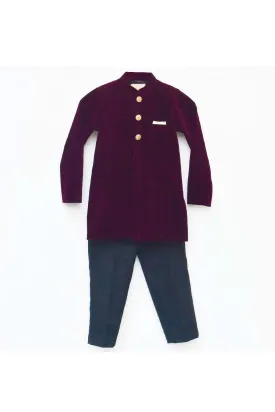 Wine Velvet Ajkan With Black Pant Set