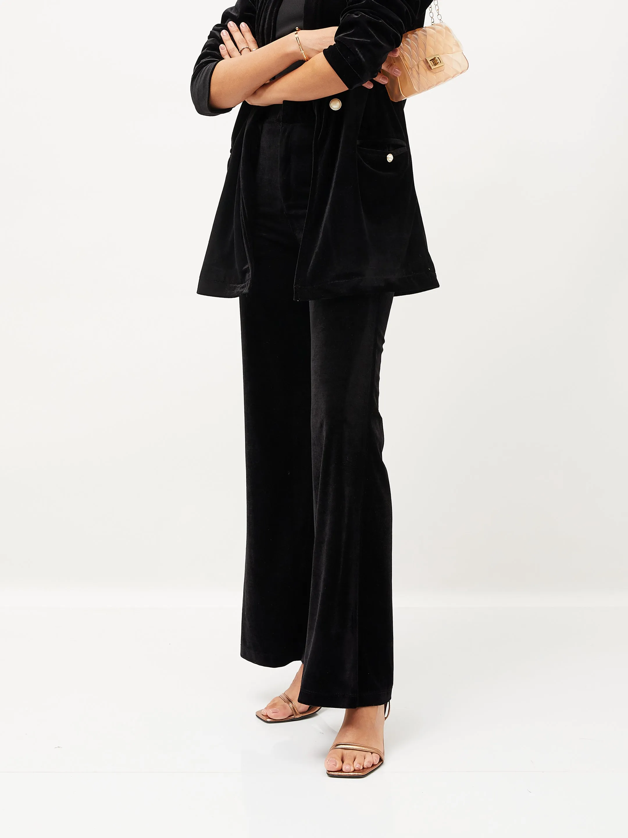 Women Black Velvet Bell Bottom Pants