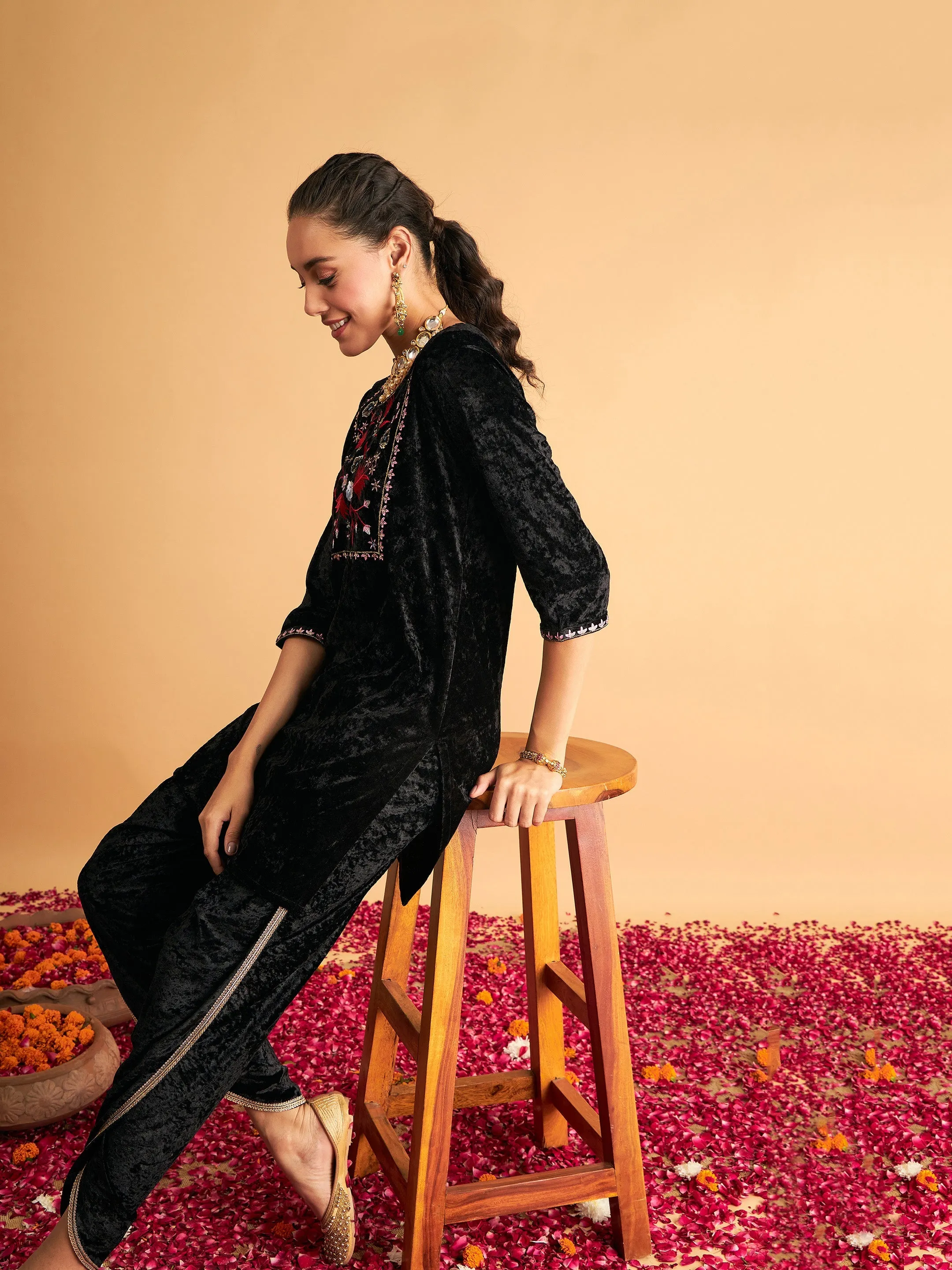 Women Black Velvet Embroidered Short Kurta With Dhoti Pants
