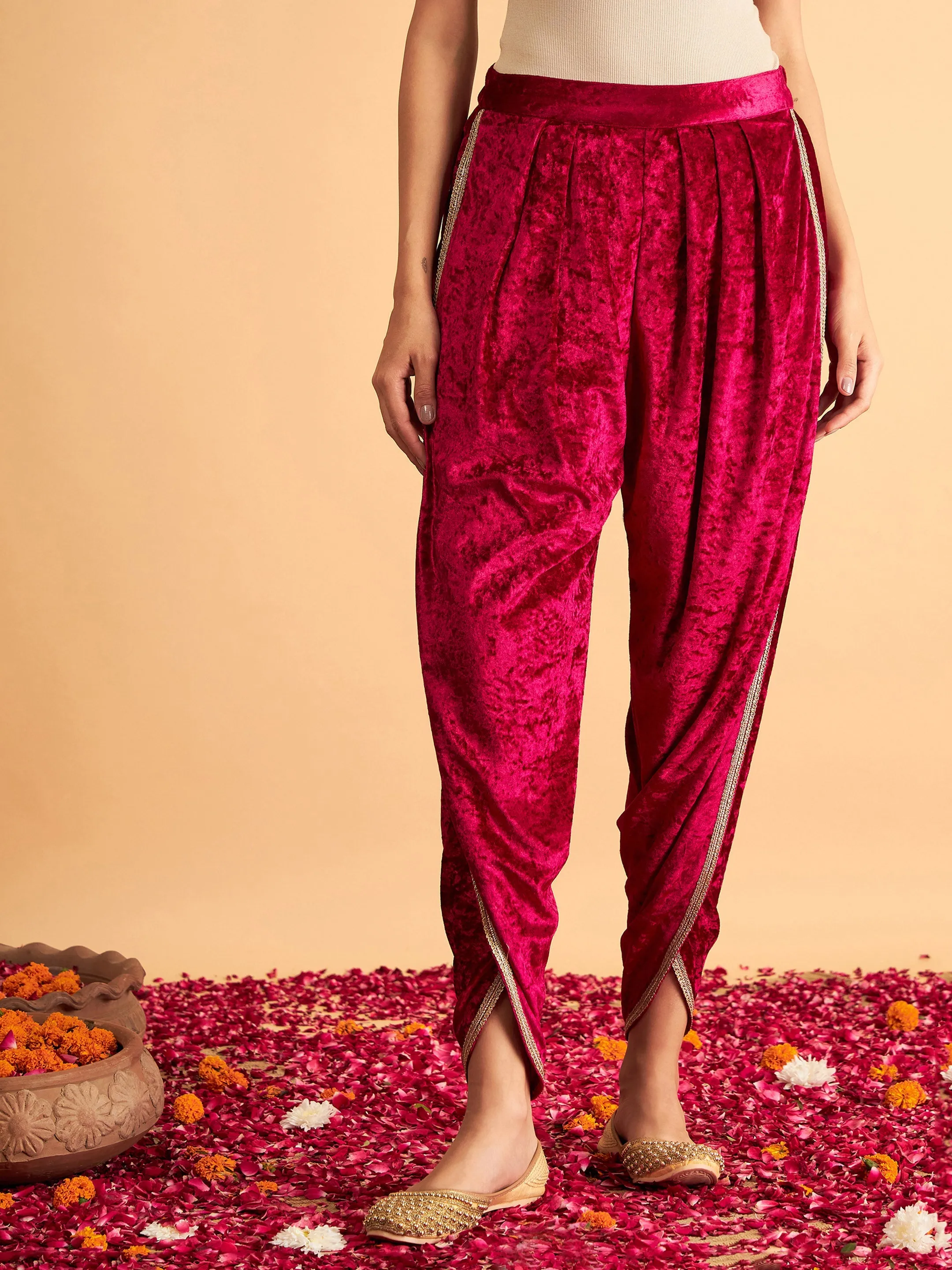 Women Fuchsia Velvet Dhoti Pants